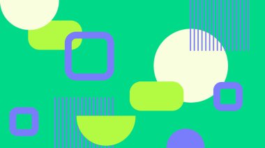 Parlak yeşil zemin üzerinde yuvarlak kareler, daireler ve çizgili elementlerle renkli soyut bir arka plan. Yaratıcı görseller ve dijital sanat için harika.