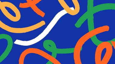 Mavi arka planda yeşil, turuncu ve beyaz renkte oyuncu fırça darbesi tasarımı. Dijital görseller ve yaratıcı illüstrasyon için harika..