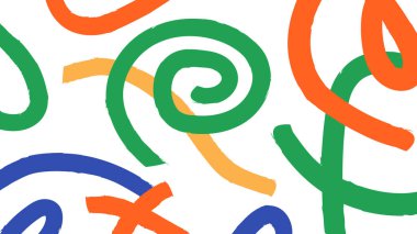 Soyut sanatsal karalamalar kalın spiral ve kıvrımlı vuruşlar yeşil ve turuncu beyaz. Dijital illüstrasyon ve çocuk görselleri için harika.