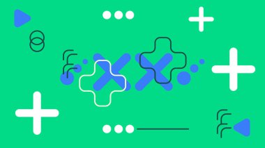 Enerjik soyut arkaplan, koyu artı işaretleri, daireler ve yeşil üzerinde yön işaretleri. Dijital marka ve modern görsel içerik için mükemmel.