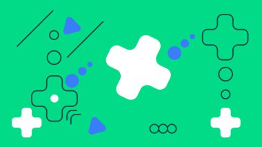 Geometrik soyut arkaplan, beyaz artı şekiller, mavi noktalar ve yeşil üzerine çizilmiş elementler. Modern tasarım ve dijital yaratıcı projeler için ideal.