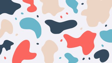Parlak bir zemin üzerinde organik kırmızı, lacivert ve mavi lekeler barındıran eğlenceli ve yaratıcı bir arka plan. Dijital ve yazdırma tasarımı için dinamik.