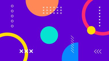 Mor bir arkaplan üzerine dizilmiş dairesel ve geometrik elementler. Dinamik markalaşma, dijital sanat ve gençlik görselleri için harika..