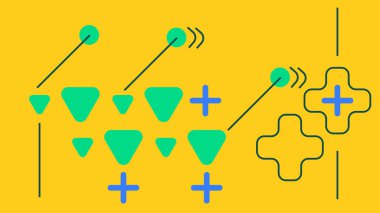 Yığılmış üçgenleri, artı işaretleri ve sarı üzerinde yön çizgileri olan enerji soyut bileşimi. Dijital medya ve modern markalaşma görselleri için harika.