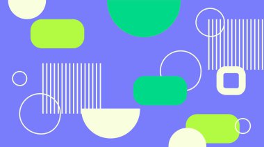 Yaratıcı tasarımlar için düz bir zemin üzerinde mor ve yeşil tonlarda geometrik şekillerle biçimlendirilmiş soyut arkaplan.