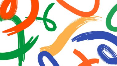 Çok renkli fırça darbeleri ve beyaz üzerine çarpıcı kıvrımlar. Modern medya tasarımı, markalaşma ve çocuk sanatı için mükemmel..