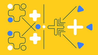 Canlı sarı arka planda artı işaretleri, noktaları ve üçgen şekilleri olan yaratıcı soyut sanat eserleri. Teknolojik markalaşma, web görselleri ve dijital sanat için harika..