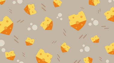 Sarı peynir topları ve bej rengi kıvrımlı çizgiler. Oyuncu ve enerjik peynir temalı tasarım.