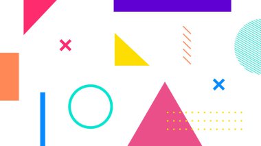 Renkli üçgenlerin, dairelerin ve çizgilerin eğlenceli bir düzende karışımı. Modern posterler ve web şablonları için mükemmel.