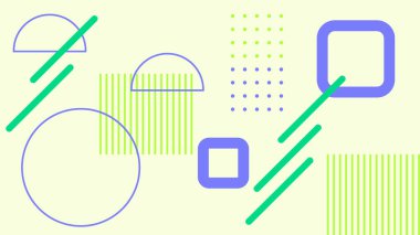 Asgari soyut arkaplan, parlak yeşil çizgiler ve açık sarı üzerinde geometrik şekiller. Modern tasarım projeleri ve teknolojik görseller için ideal.