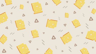 Dağılmış peynir parçaları ve çizgi film tarzında daireler tarafsız tonlarda. Basit ve ilgi çekici yemek geçmişi.