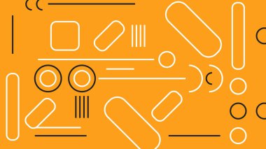 Parlak turuncu üzerinde kapsüller, noktalar ve geometrik şekillerle modern soyut düzen. Yaratıcı projeler, dijital medya ve görsel markalaşma için mükemmel.