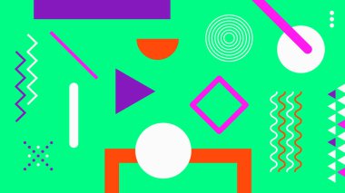 Daireler, üçgenler ve hareketli çizgiler içeren soyut bir düzen. Moda görseller ve dijital sanat için ideal