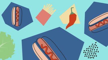 Sarı renge dağılmış kalın hamburgerler, ketçap, acı biber ve yeşiller. Modern burger reklamları, eğlenceli menü görselleri ve sokak yemekleri içeriği için harika..