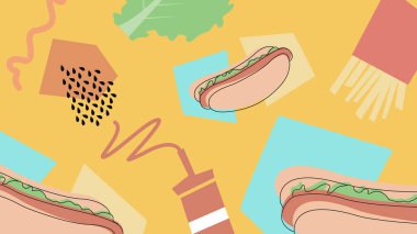 Renkli sosisliler, çörekler, gazoz ve yeşil üzerine domates dilimleri. Fast food ambalajları, restoran broşürleri ve eğlenceli atıştırmalıklar için ideal..