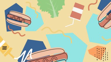 Yeşil kalede eğlenceli sosisler, sebzeler, içecekler ve baharatlar. Yemek festivali görselleri, atıştırmalık logoları ve restoran markaları için harika..