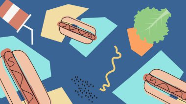 Parlak hamburgerler, patates kızartmaları, yapraklar ve beyaz üzerine sos şişeleri. Yemek dağıtımı, atıştırmalık reklamları ve modern paket servis temaları için mükemmel..