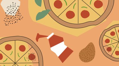 Yapraklı lezzetli pepperoni pizzaları ve sıcak portakallı ketçap şişeleri. Pizzacı reklamları, menü tasarımı ve yemek teslimatı için mükemmel..