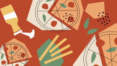 Pizza dilimleri, patates kızartması, sos ve kırmızı tabanda bitkiler. Fast food markalaşması, abur cubur temalı pazarlama ve teslimat promosyonları için mükemmel..