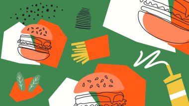 Lezzetli hamburgerler, patates kızartmaları, soslar ve yeşil otlar. Yemek kamyonu markaları, Amerikan lokanta tanıtımları ve eğlenceli yemek projeleri için ideal..