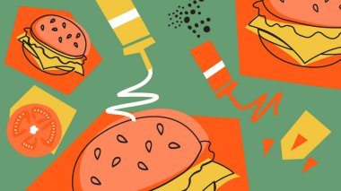 Lezzetli çizburgerler, ketçap ve hardal şişeleri, domates ve patates kızartması. Fast food broşürleri ve atıştırmalıklar için ideal.