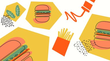 Hamburger, patates kızartması, yeşillik ve ketçap karışımı, sarı-beyaz tabanlı. Fast food paketleme, abur cubur markalaştırma ve eski görseller için mükemmel..