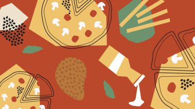 Mantarlı pizzalar, patates kızartmaları, soslar ve kırmızı bir arkaplanda baharat. Sıradan yemek promosyonları ve markalaşma görselleri için mükemmel..