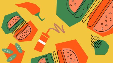 Sarı renge dağılmış kalın hamburgerler, ketçap, acı biber ve yeşiller. Modern burger reklamları, eğlenceli menü görselleri ve sokak yemekleri içeriği için harika..