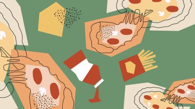 Elle çizilmiş pizza dilimleri, patates kızartmaları ve yeşil tabanlı malzemeler. Atıştırmalık odaklı çizimler ve fast food içeriği görselleri için ideal.