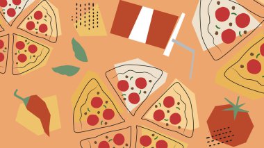 Biberli pizza, içecek, domates ve portakallı kırmızı biber. Eğlenceli pizza reklamları, restoran broşürleri ve çocuk dostu markalar için harika..