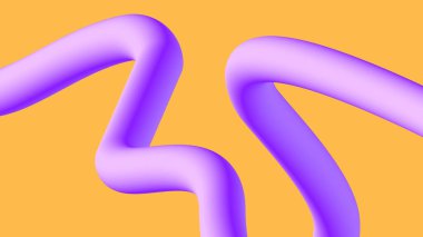 Mor gradyan ve açısal akımlı modern 3D tüp tasarımı sarı bir arkaplan üzerinde. Dijital görseller ve yaratıcı grafikler için ideal.