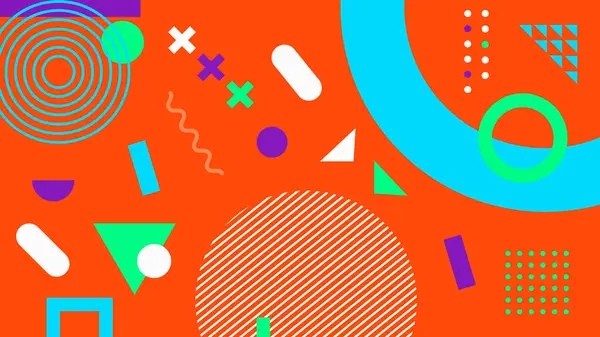 Parlak turuncu zemin üzerinde daireler ve ızgaralar olan dinamik ve renkli şekiller. Pazarlama ve eğlence görselleri için harika..