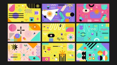 Memphis tarzı geometrik arka planlar cesur şekiller ve pastel tonlara sahip retro esinlenilmiş posterler, broşürler, dijital içerik, sosyal medya, duvar kağıtları ve yaratıcı promosyon tasarım projeleri için mükemmel.