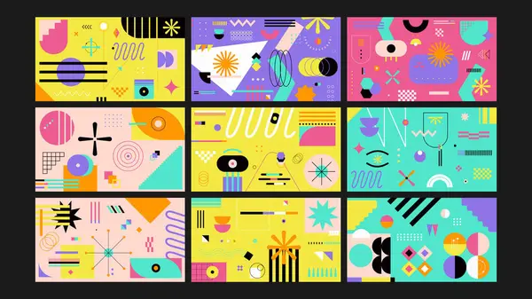 Memphis tarzı geometrik arka planlar cesur şekiller ve pastel tonlara sahip retro esinlenilmiş posterler, broşürler, dijital içerik, sosyal medya, duvar kağıtları ve yaratıcı promosyon tasarım projeleri için mükemmel.