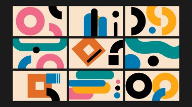 Retro renk blokları ve eğlenceli geometrik elementler içeren cesur soyut tasarım, modern görsel markalaşma veya dijital dekor için mükemmel.