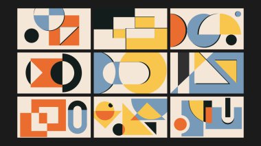 Bauhaus tarzında minimalist soyut sanat, birincil renkler ve geometrik formlarla. Yaratıcı görseller için uygun oyuncu ama yapılandırılmış bir kompozisyon.