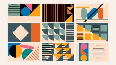 Modern bir düzende geometrik şekiller ve kalın karşıtlıklar içeren renkli retro-stil soyut arkaplan.