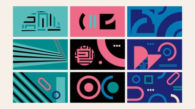 Çarpıcı bir görsel düzende pembe, deniz mavisi ve siyah soyut şekillere sahip cesur geometrik arkaplan.