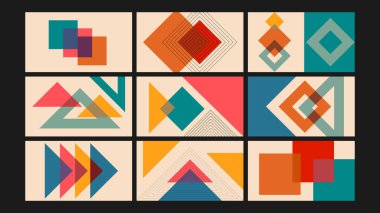 Üçgen tabanlı geometrik arkaplan seti. Renklerle örtüşen şekiller. Soyut kavramlar, posterler ve dijital uygulamalar için harika..