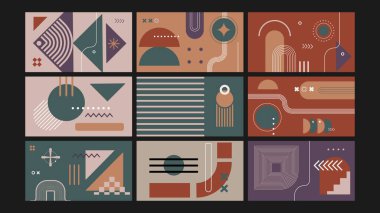 Eski moda geometrik tasarım, kıvrımlar, çizgiler ve sessiz dünya tonlarında minimalist formlar. Dijital ya da yazdırma projeleri için idealdir..