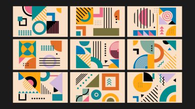 Neşeli şekiller ve canlı renk kombinasyonlarıyla enerjik ve renkli Memphis tarzı sanat eserleri. Yaratıcı projeler ve dijital estetik için harika..