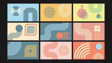 Akan çizgilerle soyut illüstrasyon ve retro pastel renklerle geometrik biçimler. Markalaşma, posterler ve yaratıcı arka planlar için harika..