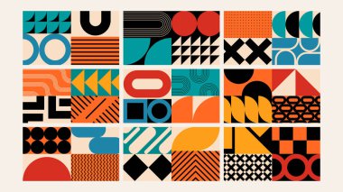 Canlı şekilli ve klasik tonlu retro-stil geometrik çizimler koleksiyonu. Geçmişleri, markaları ya da sanatsal projeleri için ideal. Yüzyıl ortası moda tasarımı.