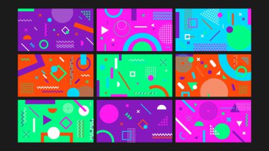 Geometrik elementleri ve koyu renkleri olan parlak retro soyut tasarım. 80 'lerden esinlenilmiş projeler, pop görseller ve yaratıcı dijital düzenler için ideal.