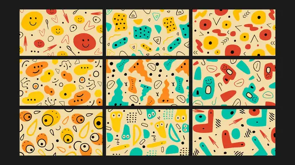 Mutlu yüzler, düzensiz formlar ve neşeli renkler içeren el çizimi karalama sanatları. Arka planlar, duvar kağıtları ve çocuk çizimleri için harika..