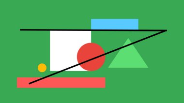 Yeşil, sarı, pembe ve maviyle geometrik şekilli soyut kırmızı arkaplan üç dinamik siyah çizgi ile kesişiyor..