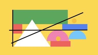 Yeşil, pembe ve mavi geometrik şekillere sahip dinamik bileşim altın sarısı arka planda kesişen siyah çizgilerle dengelenir..