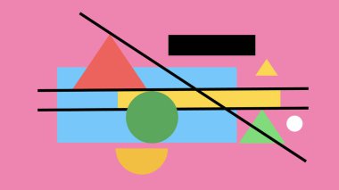 Kesişen siyah çizgiler, renkli üçgenler, daireler ve düz Bauhaus 'tan esinlenilmiş dikdörtgenler içeren soyut pembe arkaplan.