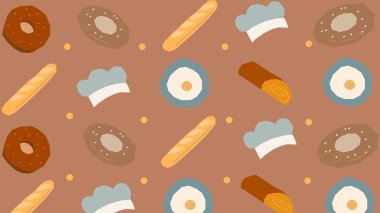 Ekmek, çörek, sahanda yumurta ve ızgara temalı bir mutfak kompozisyonu boyunca saçılmış şef şapkaları..