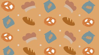 Somunlar, krakerler, buğday ikonları ve aşçı şapkaları ile sıcak tonlu arkaplan. Kahverengi kareli bir yüzeye düzgün yerleştirilmiş mutfak veya fırın görselleri..